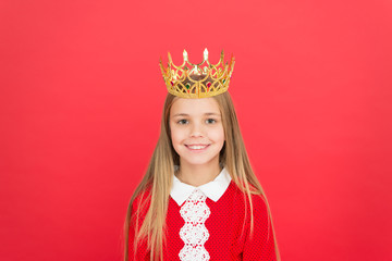 Childhood happiness. small girl child. School education. family love. childrens day. Good parenting. Child care. happy little girl on red background. littlle princess in crown. Little stylish beauty