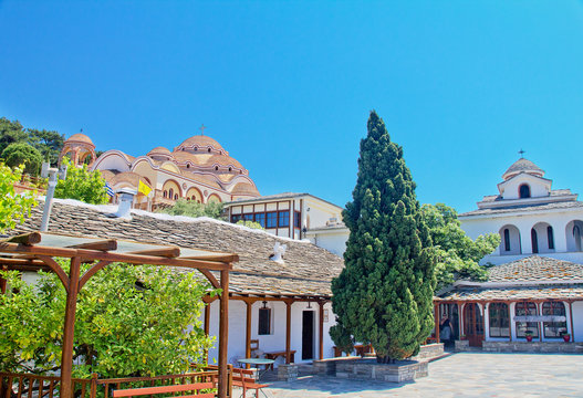 View of the monastery of Archangel Michael in Sunny weather, Thassos island, Greece