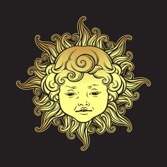 Gold sun with face of cute curly smiling baby boy isolated. Hand drawn sticker, fabric print or boho flash tattoo design vector illustration