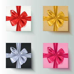 Set of realistic gift boxes with decorative bows in various colors, vector illustration