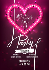 Valentine's Day party flyer template retro neon heart with led lights, vector illustration