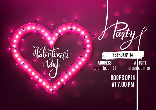 Valentine's Day party flyer template retro neon heart with led lights, vector illustration