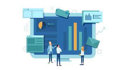 The team is working on a business project. The working process. Analytics, information gathering, teamwork. Monitor and business team isolated on white background. Vector illustration.