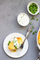 Potatoes casserole with cheese and green onion served with sour cream and mint. Vegetarian food. Copy space.