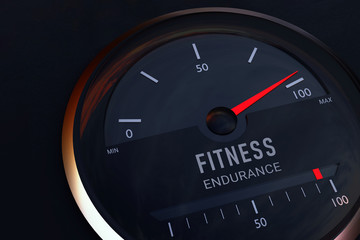 Health. Concept for the commonality between fitness and endurance. Speedometer symbolically displays the maximum on a scale. 
