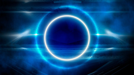 Round abstract tunnel, blue neon. Neon circle light arch, in the center, light, rays, smoke. Abstract blue background with rays and neon.