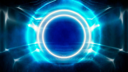 Round abstract tunnel, blue neon. Neon circle light arch, in the center, light, rays, smoke. Abstract blue background with rays and neon.