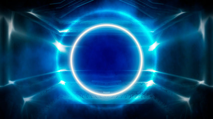 Round abstract tunnel, blue neon. Neon circle light arch, in the center, light, rays, smoke. Abstract blue background with rays and neon.