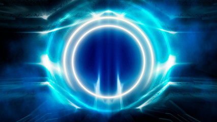 Round abstract tunnel, blue neon. Neon circle light arch, in the center, light, rays, smoke. Abstract blue background with rays and neon.