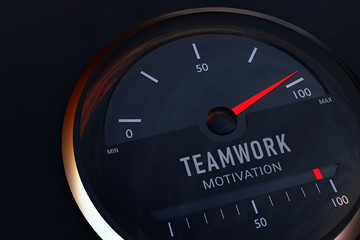 Naklejka premium Team cooperation. Concept for the commonality between teamwork and motivation. Speedometer symbolically displays the maximum on a scale. 