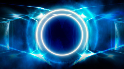 Round abstract tunnel, blue neon. Neon circle light arch, in the center, light, rays, smoke. Abstract blue background with rays and neon.