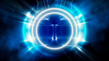 Round abstract tunnel, blue neon. Neon circle light arch, in the center, light, rays, smoke. Abstract blue background with rays and neon.