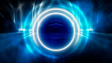 Round abstract tunnel, blue neon. Neon circle light arch, in the center, light, rays, smoke. Abstract blue background with rays and neon.