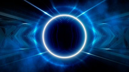 Round abstract tunnel, blue neon. Neon circle light arch, in the center, light, rays, smoke....