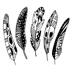 Set of hand drawn Ethnic feathers. Ornate doodle quills. Vintage decorative elements