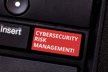 Text sign showing Cybersecurity Risk Management. Conceptual photo Identifying threats and applying actions Keyboard key Intention to create computer message pressing keypad idea
