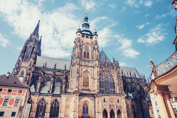 Fototapeta premium View of colorful Prague europe castle and old town with red tile roofs, Czech Republic. Concept travel