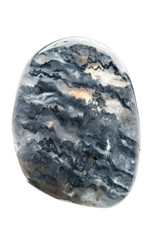 Macro mineral quartz stone with dumortierite on a white background