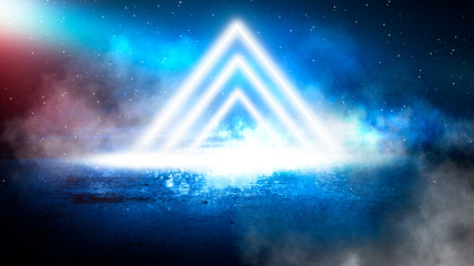 Light pyramid triangle. Neon triangle in the center, light, rays, smoke. Abstract background with rays and neon.
