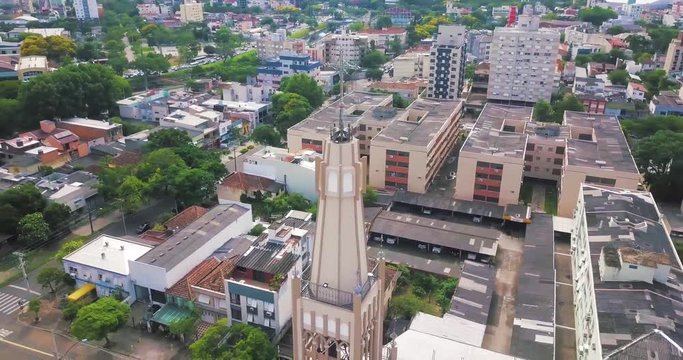 Drone Surrounding Church. Circling top of a Church in Urban Area in Brazil
