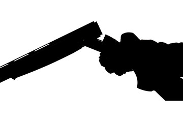 Silhouette of a hunting double-barreled gun on a white background. Bockflint in human hand in glove.