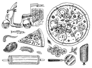 Set of pizza with cheese. Yummy italian vegetarian food with tomatoes, Seafood and olives and eggplant. Ingredients for cooking. Sketch for restaurant menu. Hand drawn template. Vintage style.