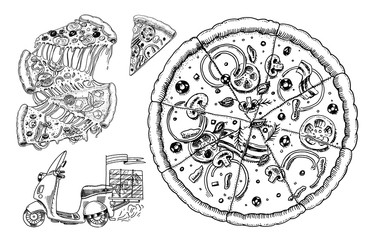 Set of pizza with cheese. Yummy italian vegetarian food with tomatoes, olives and eggplant. Sketch for restaurant menu. Hand drawn template. Vintage style.