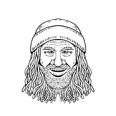 Drawing sketch style illustration of head of a Rastafarian dude, Rastafari or guy practising Rastafarianism, an Abrahamic religion developed in Jamaica in 1930s on white background in black and white.