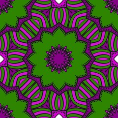 Purple,, green color Floral Geometric Pattern With Hand-Drawing Mandala. Seamless vector Illustration. For Fabric, Textile
