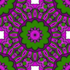 Purple,, green color Floral Geometric Pattern With Hand-Drawing Mandala. Seamless vector Illustration. For Fabric, Textile