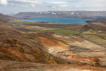 Mountain view of the lake, springs and parking, Krysuvík, Iceland