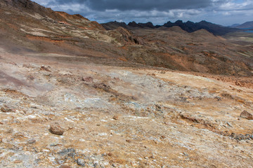 Landscape with geothermal zone in storm, Krysuvík, Iceland