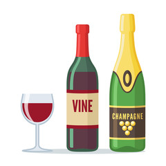 Bottles of red wine and champagne icon in flat style. Full wineglass. Isolated on white background. Vector illustration.