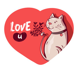 Cute happy Cat character in love holding flower with lettering calligraphy text. I love u. Hand drawn, vector romantic illustration. cartoon doodle style for card, poster, invitation, Valentine's Day