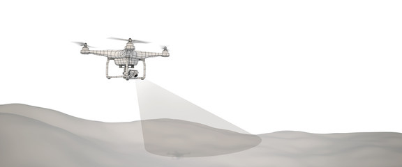 White drone over terrain mesh. Geo-scanning. Wire-frame style. Isolated in white background. 3D illustration.