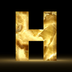 3D rendering stone onyx letter H isolated on black background. Signs and symbols. Alphabet luminous gemstone. Textured materials.