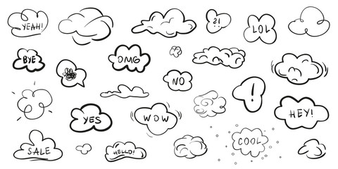Obraz premium Clouds on isolation background. Sketchy doodles on white. Hand drawn infographic elements. Black and white illustration. Sketches for artworks