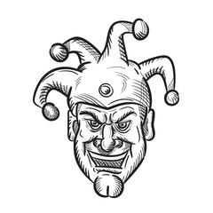 Drawing sketch style illustration of head of a crazy medieval court jester, harlequin or fool with a sarcastic silly grin or smile on isolated white background in black and white.