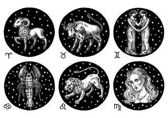 Zodiac icons. Astrology horoscope with signs. Calendar template. Collection outline animals. Classic vintage style. Aries Taurus Gemini Cancer Leo Virgo. Engraved hand drawn sketch.