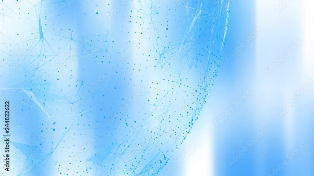 Poster blue coloured rotating cyberspace sphere with lines, triangles and dots motion on blue and white shi