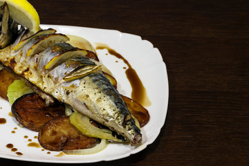 copy spaсe,  fish stew with lemon, potatoes and onions with soy sauce. Close-up