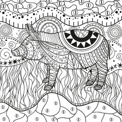 Ornate wallpaper with pig. Hand drawn waved ornaments on white. Abstract patterns on isolated background. Design for spiritual relaxation for adults. Line art. Black and white illustration