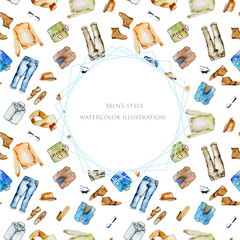 Frame with watercolor men's clothes and accessories background