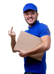 Image of young man in blue T-shirt and baseball cap with cardboard box