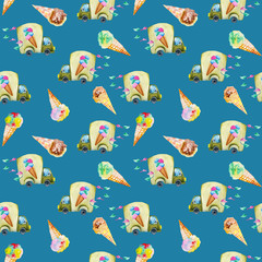 Fototapeta premium Watercolor ice cream truck and ice cream cones seamless pattern