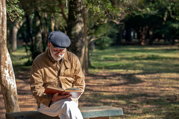 Old man sitting on the bench reading a book