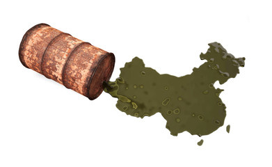 Oil spills from a rusty barrel and forms the shape of the country of China. 3d illustration on the theme of oil and pollution. Isolated on white background.