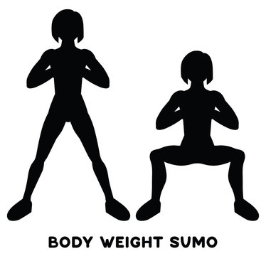 Body weight sumo. Wide stance squats. Sport exersice. Silhouettes of woman doing exercise. Workout, training.