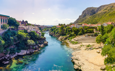 Cityscape view from Mostar most famous bridge
