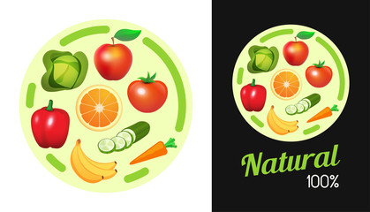 Round sticker with Fruit and Vegetables. Design element of Signboard banner with natural vegan food for shop